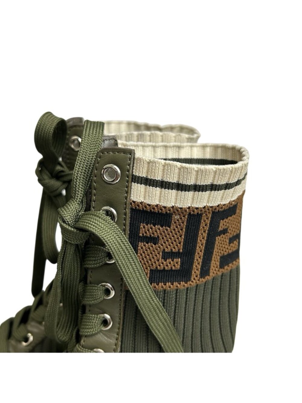 Fendi Rockoko Combat Green Leather Knit Boots Womens EU 37/US 7 Made In Italy - Picture 13 of 13